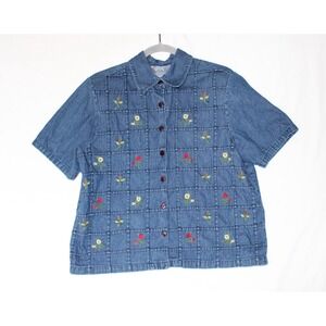 Sarin Petite Vintage Floral Embroidered Grandma Denim Shirt Short Sleeve 12P
